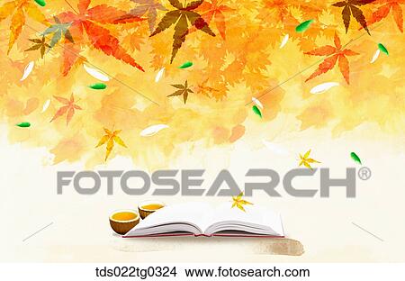 Stock Illustration - Fallen leaves and an open book. Fotosearch