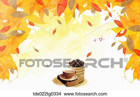 Fallen leaves with a cup of coffee and coffee beans View Large Illustration Stock Illustration - Fallen leaves with a cup of coffee and coffee beans. Fotosearch