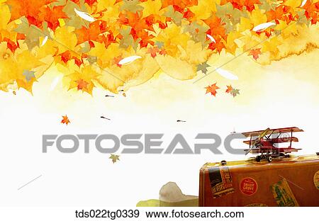 Fallen leaves with a travel case and a toy airplane View Large Illustration Stock Illustration - Fallen leaves with a travel case and a toy airplane. Fotosearch