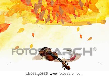 Fallen leaves with a violin and a cup of coffee View Large Illustration Stock Illustration - Fallen leaves with a violin and a cup of coffee. Fotosearch