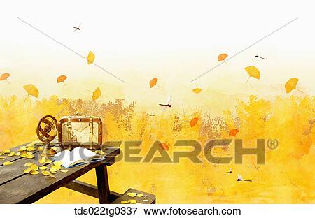 Fallen leaves with dragonflies and a wooden bench View Large Illustration Stock Illustration - Fallen leaves with dragonflies and a wooden bench. Fotosearch