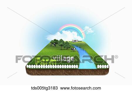 Drawing - Farm village with green field with cows and trees. Fotosearch