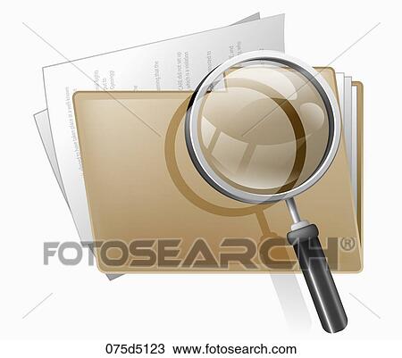 Drawing - File of papers and magnifying glass. Fotosearch