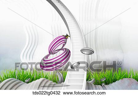 Flying round objects and stairs leading up View Large Illustration Drawing - Flying round objects and stairs leading up. Fotosearch