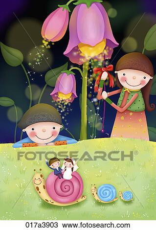 Girl and a boy with flowers and snails View Large Illustration Drawing - Girl and a boy with flowers and snails. Fotosearch
