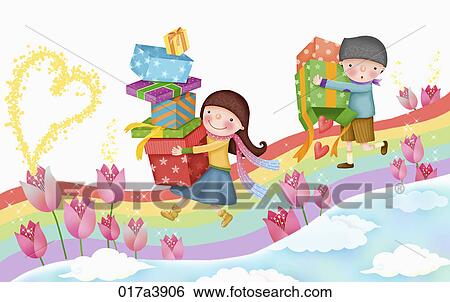Stock Illustration - Girl and boy carrying gift boxes. Fotosearch
