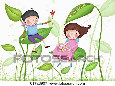 Stock Illustration - Girl and boy sitting on the leaves. Fotosearch