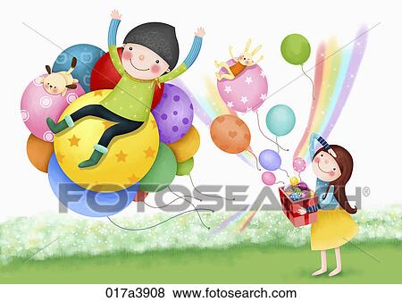 Stock Illustration - Girl and boy with balloons. Fotosearch