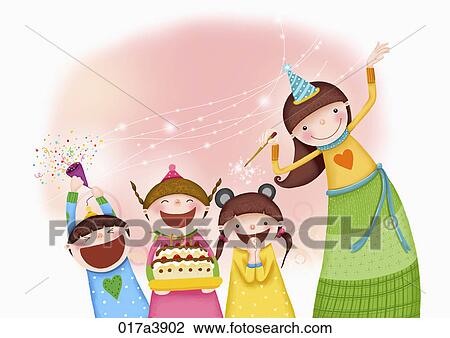 Drawing - Girl and kids with cake. Fotosearch