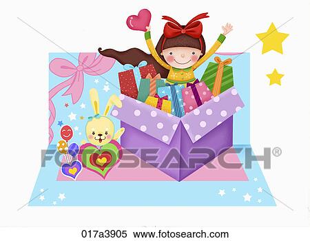 Stock Illustration - Girl in the middle of gift bxoxes. Fotosearch