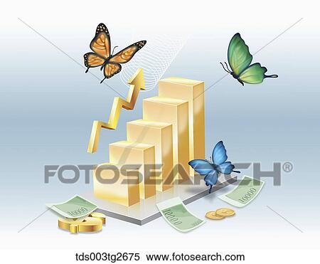 Gold bar graph with arrow and money and butterflies View Large Illustration Stock Illustration - Gold bar graph with arrow and money and butterflies. Fotosearch