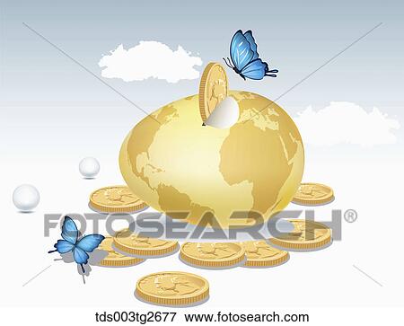 Gold egg shaped piggy bank with word map and gold coins View Large Illustration Stock Illustration - Gold egg shaped piggy bank with word map and gold coins. Fotosearch