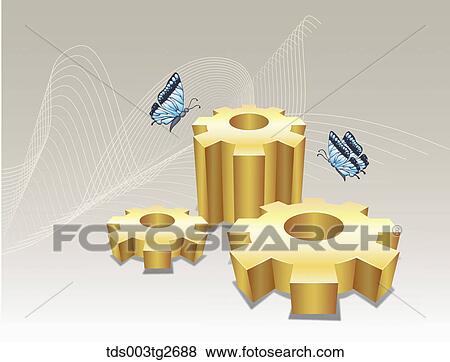 Stock Illustration - Gold saw toothed wheels and butterflies. Fotosearch