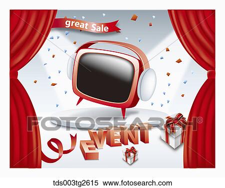 Stock Illustration - Great sale and event promotion with red TV on stage. Fotosearch