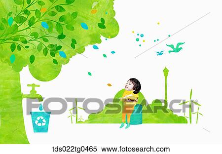 Stock Illustration - green energy with a boy and a tree. Fotosearch