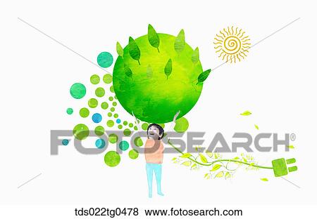 Stock Illustration - green energy with a boy and green earth. Fotosearch