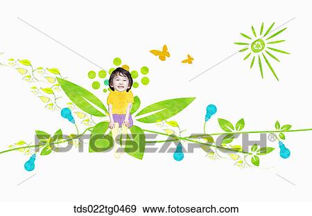 Stock Illustration - green energy with a boy and plants. Fotosearch