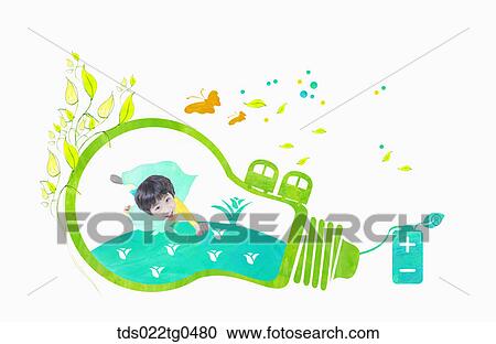 Clipart - green energy with a boy in a green bulb. Fotosearch