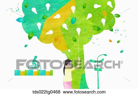 Stock Illustration - green energy with a girl and a tree. Fotosearch