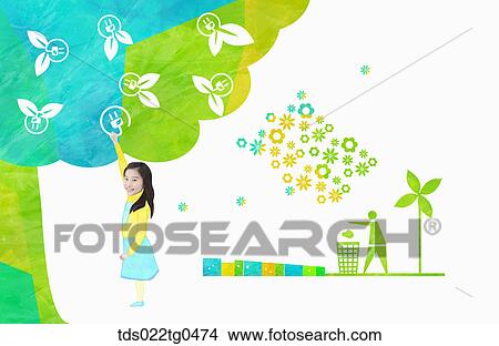Stock Illustration - green energy with a girl and recycling. Fotosearch