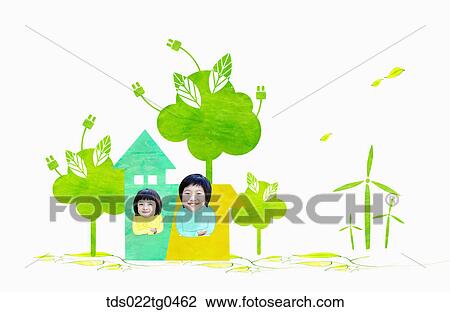 green energy with children in a green house View Large Illustration Drawing - green energy with children in a green house. Fotosearch