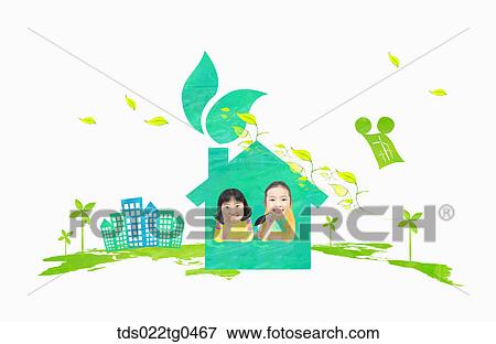 Stock Illustration - green energy with girls in a green house. Fotosearch