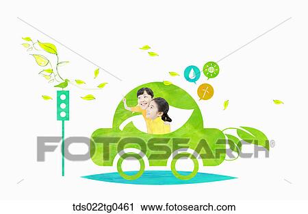 Clip Art - green energy with people in a green car. Fotosearch