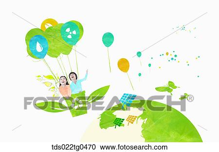 Clipart - green energy with people in a hot air balloon. Fotosearch