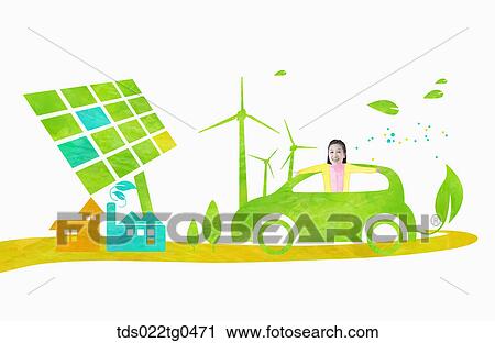 green energy witha woman in a green car View Large Illustration Clip Art - green energy witha woman in a green car. Fotosearch