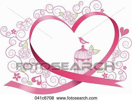 Heart with ribbons and a bird cage View Large Illustration Stock Illustration - Heart with ribbons and a bird cage. Fotosearch