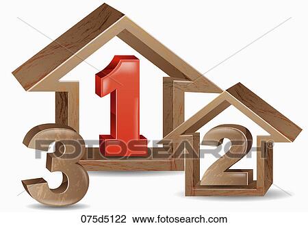 Drawing - Houses with numbers 1, 2 and 3. Fotosearch