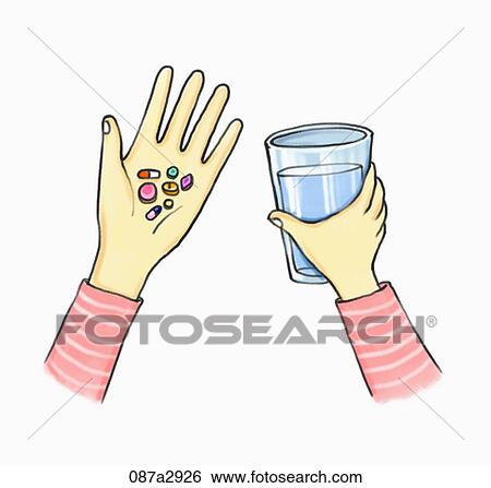 Stock Illustration - Illustration of pills and a cup of water. Fotosearch