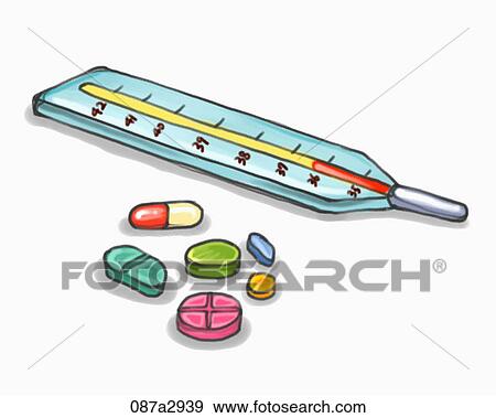 Illustration of thermometer and pills View Large Illustration Stock Illustration - Illustration of thermometer and pills. Fotosearch