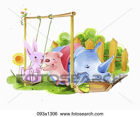 Illustration of various animals and a swing View Large Illustration Stock Illustration - Illustration of various animals and a swing. Fotosearch