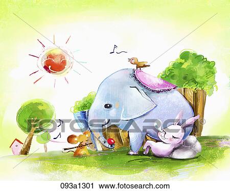 Clip Art - Illustration of various animals and trees. Fotosearch
