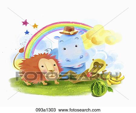Illustration of various animals and fruits View Large Illustration Drawing - Illustration of various animals and fruits. Fotosearch