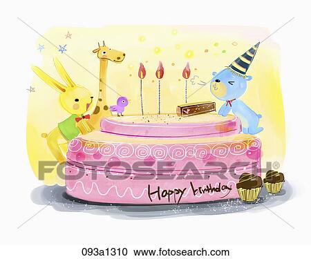 Clipart - Illustration of various animals with birthday cake. Fotosearch