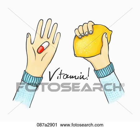 Illustration of vitamin with a pill and a lemon View Large Illustration Clip Art - Illustration of vitamin with a pill and a lemon. Fotosearch