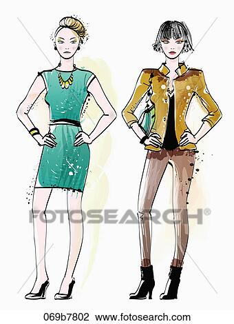Illustration of women models in various clothes View Large Illustration Drawing - Illustration of women models in various clothes. Fotosearch