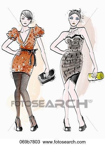 Drawing - Illustration of women models in various clothes. Fotosearch