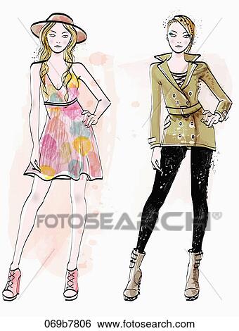 Illustration of women models in various clothes View Large Illustration Stock Illustration - Illustration of women models in various clothes. Fotosearch