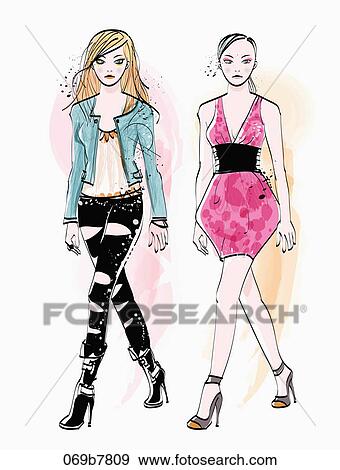 Illustration of women models in various clothes View Large Illustration Stock Illustration - Illustration of women models in various clothes. Fotosearch