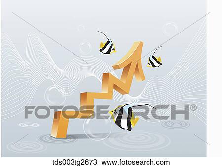 Drawing - Kinked orange arrow and tropical fishes. Fotosearch