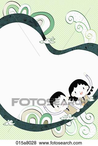 Stock Illustration - Letter paper with a boy and a girl in green. Fotosearch