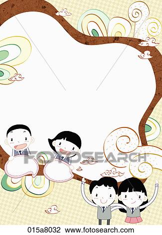 Drawing - Letter paper with boys and girls in brown. Fotosearch