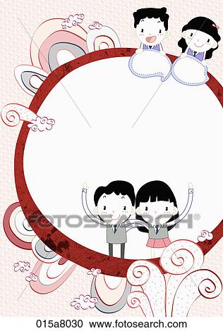 Clipart - Letter paper with boys and girls in red. Fotosearch
