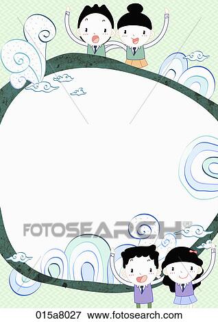 Stock Illustration - Letter paper with boys and girls in green. Fotosearch