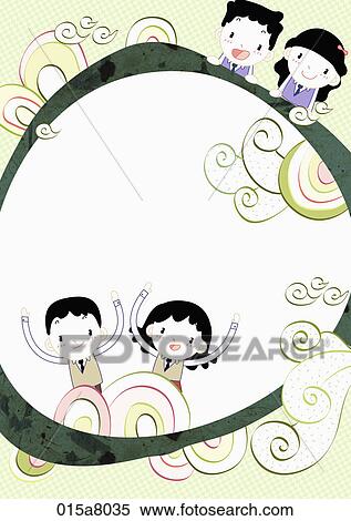Stock Illustration - Letter paper with boys and girls in green. Fotosearch