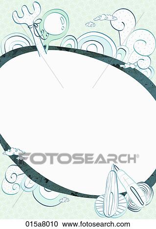 Clipart - Letter paper with fork and pens in blue green. Fotosearch
