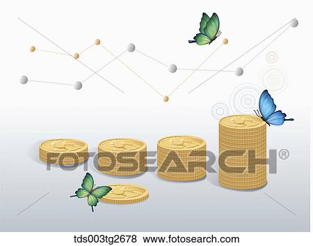 Line graphs and stacks of gold coins and butterflies View Large Illustration Stock Illustration - Line graphs and stacks of gold coins and butterflies. Fotosearch